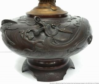 Large Antique Signed Japanese Bronze Lamp Dragon Bird Relief