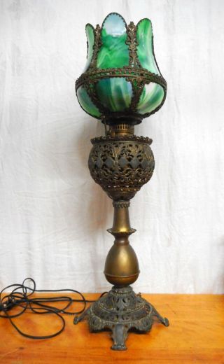 Antique Brass Victorian Oil Lamp With Shade Electrified 30 In.  Tall