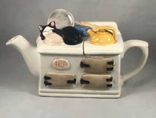 Vintage Square Tea Pot With Cat Hand Painted Ceramic