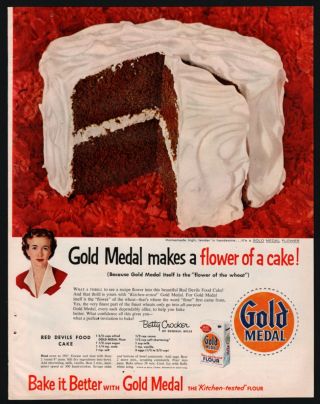 1956 Betty Crocker Gold Medal Flour Ad Red Devils Food Cake Recipe Vintage Food