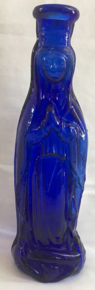 Colbalt Blue Pray Madonna Virgin Mary Hand Blown Pontil Glass Bottle Holy Water