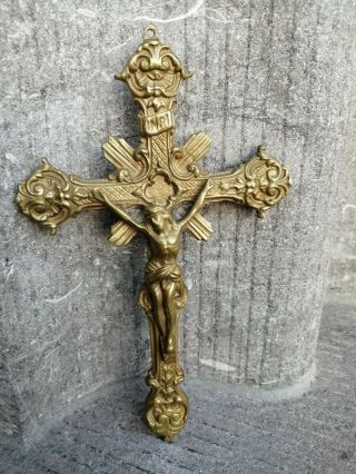 Vintage France Ornamental Bronze Metal Cross Crucifix Jesus Christ Wall Hanging
