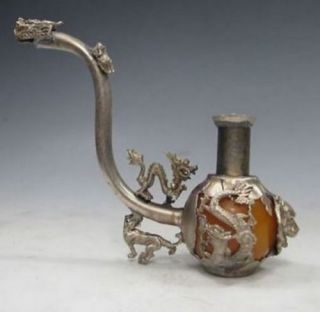China Silver Copper Dragon Phoenix Inlaid Jade Handwork Tiger Smoking Tool