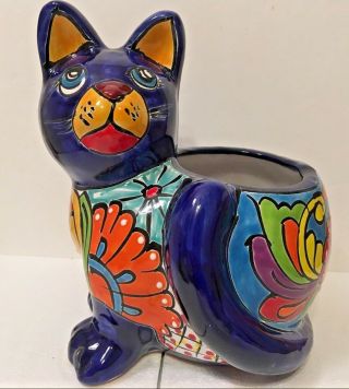Mexican Talavera Cat Animal Pottery Planter Kitty Ceramic Folk Art Large 12 "