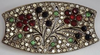 Vintage French Art Deco Sterling Silver Diamond Emerald Ruby Paste Flower Brooch