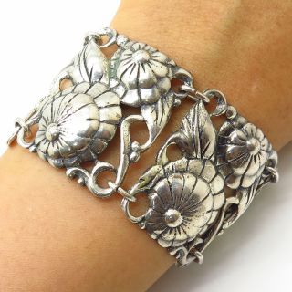 Antique Sterling Silver Floral Repousse Design Wide Panel Link Bracelet 7 "