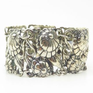 Antique Sterling Silver Floral Repousse Design Wide Panel Link Bracelet 7 