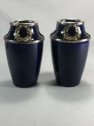 Neoclassical 5.  25 " Gilt Wmf Silver Cobalt Porcelain Vases Signed Jp Depose C1910