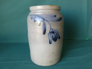 Antique Blue Floral Decorated Stoneware Storage Jar Crock