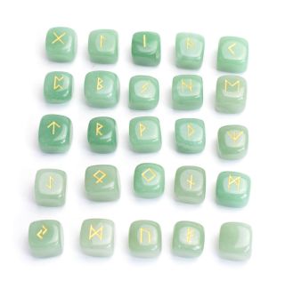Natural Green Aventurine Rune Stones Set Engraved Pagan Lettering Wiccan Set