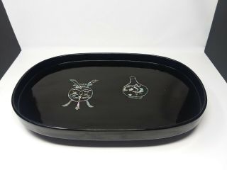Vintage Black Lacquer Wooden Tray Mother Of Pearl Inlay 18 " X12 " X3 "