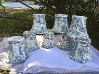 8 Vintage Blue Gray French Toile Fabric Clip On Chandelier Shades