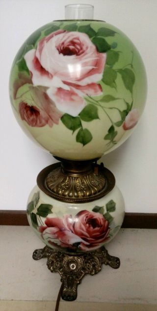 23in Antique Gone With The Wind Hurricane Parlor Lamp Hand Painted Electrified