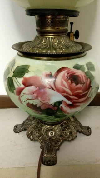 23in Antique Gone With The Wind Hurricane Parlor Lamp Hand Painted Electrified 3