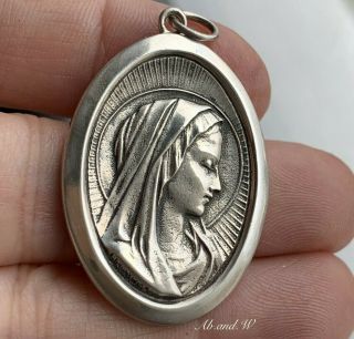 Big Religious Medal Sterling Silver Holy Virgin Mary,  Médaille Marie Argent 925