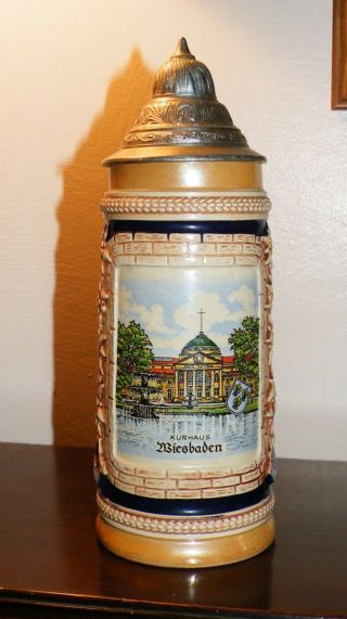 Vintage German Beer Stein - Pewter Lid - Gerz Kurhaus Wiesbaden
