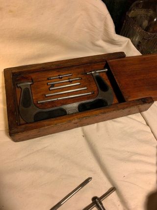 Vintage Brown & Sharpe No 55 Micrometer Set In Very Rare Wooden Slide Top Box