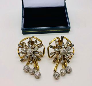 Vintage Jewellery Signed Hobe Sparkling Clear Crystal Drop Clip On Earrings
