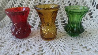 3 Vintage Colorful Toothpick Holders Pressed Glass Bud Vases