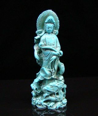 Chinese Turquoise Handmade Carved Statue Kwan - Yin Dragon Ruyi Exquisite