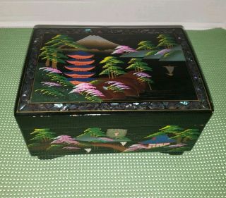 Vintage Japanese Hand Painted Lacquerware Wind Up Musical Jewelry Box W Mirror