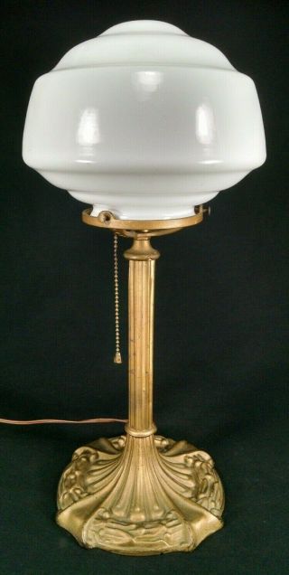ANTIQUE ART DECO LAMP cast iron table vintage milk glass 1920 ' s 2