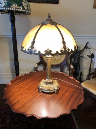 Antique 6 Panel Curved Slag Glass Panel Lamp 1930s