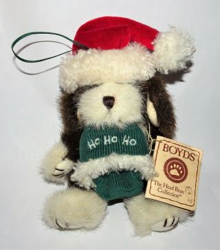 2003 Boyds Puppy Dog Christmas Ornament Santa Hat Ho Ho Ho Slipper 6 "