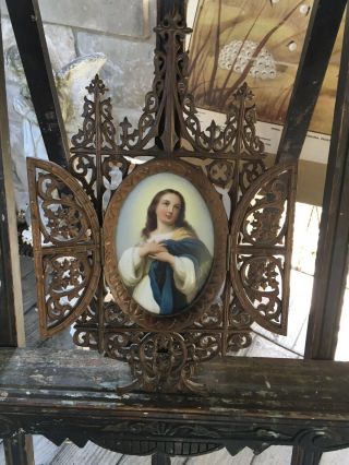 Antique French Carved Frame Porcelain Plaque Of The Virgin Mary Stunning Details