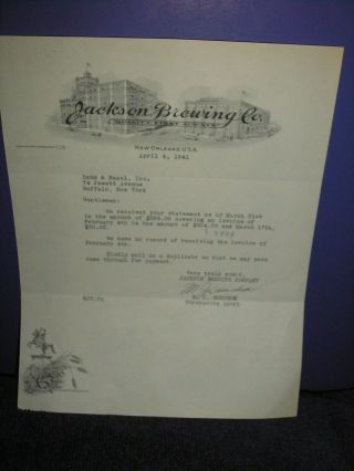 Jackson Brewing Co.  1941 Letterhead & Letter,  Orleans,  La,  (jax Beer)