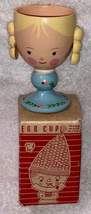 Vintage Hand Painted Wood Egg Cup Girl 1950s Sevi Italy Italian Eggcup 2