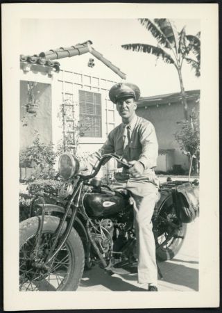 Handsome Wwii Military Man On Harley Davidson Motorcycle Vintage Photo
