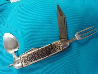 Colonial Prov.  Usa Pocket Knife Camp Stove Hobo Bone Fork Spoon Rare,  Morepics