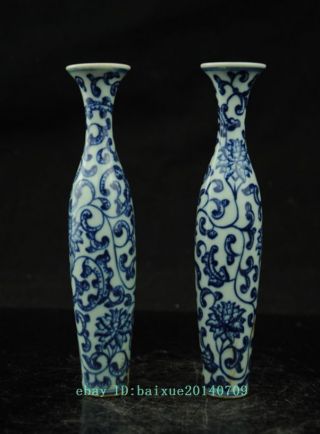 A Pair Fine Chinese Blue And White Porcelain Vase Painting Flowers B02