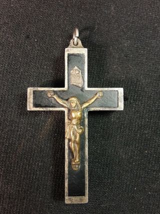 Antique French Crucifix Wood Inlay 2.  25 " Engraved By This Sign You Will Conquer