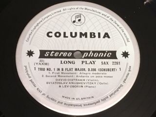 DAVID OISTRAKH Schubert: trio in B flat LP UK COLUMBIA B/S SAX 2281 M - 3