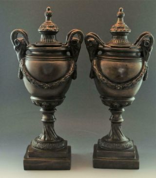 Pair Vintage Bronze Covered Urns W/ Rams Heads French Classical Style