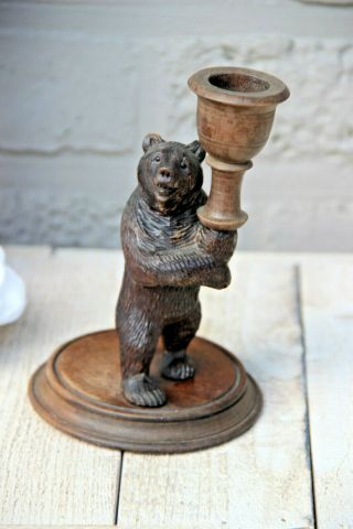 Large Antique Hand Black Forest Wood Carved Swiss Bear Statue Candle Holder
