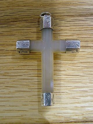 Fine Quality Victorian Agate Silver Antique Cross Crucifix Pendant 366
