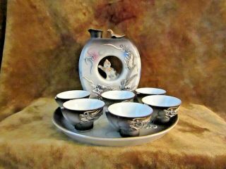 Vintage Moriage Dragonware Whistling Bird Sake Set W/cat/6 Cups And Tray/nice