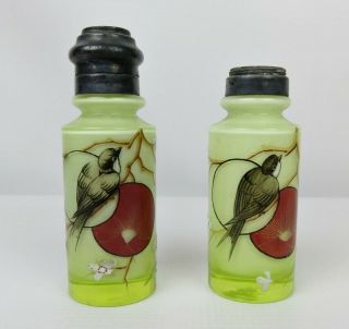 Antique Case Vaseline Glass Salt Pepper Shakers Bird Decoration Victorian