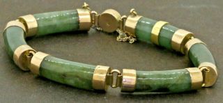 Antique 14k Gold High Fashion 19 X 7mm Green Jadeite Jade Link Bracelet