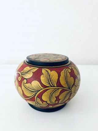 Vintage Rare Wooden Oriental Urn Vase Ginger Jar Hand Painted