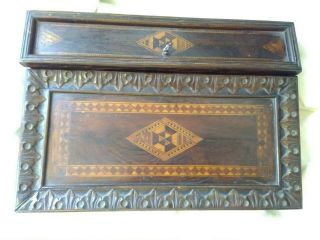 Antique Writing Travel Lap Desk Letter Box Inlaid Wood Double Ink Wells