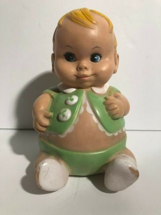 Vintage 1967 Uneeda Doll Co Rubber " Plum Pees " 8 " Rubber Doll Green Outfit Baby