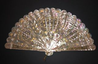 Great Antique French Art Nouveau Carved Mother Of Pearl Gold Gilt Brise Fan