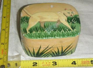 Vtg Hand - Painted 2 - Pc Paper Maché Cat Trinket Box - Kashmir [ 3 X 2.  5 X 1.  8 " ]