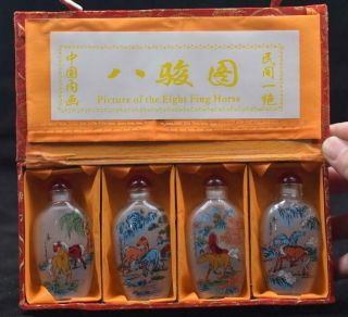 4pc Chinese Folk Inside Painted Eight Horses Fig Glass Snuff Bottle /tb01