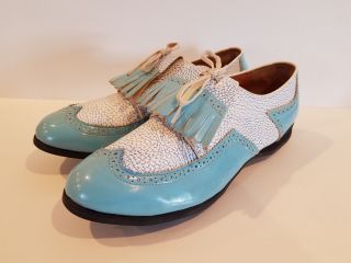 Vintage Wingtip Golf Shoes Cleats By Du Pont Blue White Spiked 9.  5m Womens