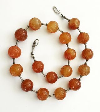 Vintage Chinese Carved Carnelian Large Show Beads Necklace Silver Clasp 20 "